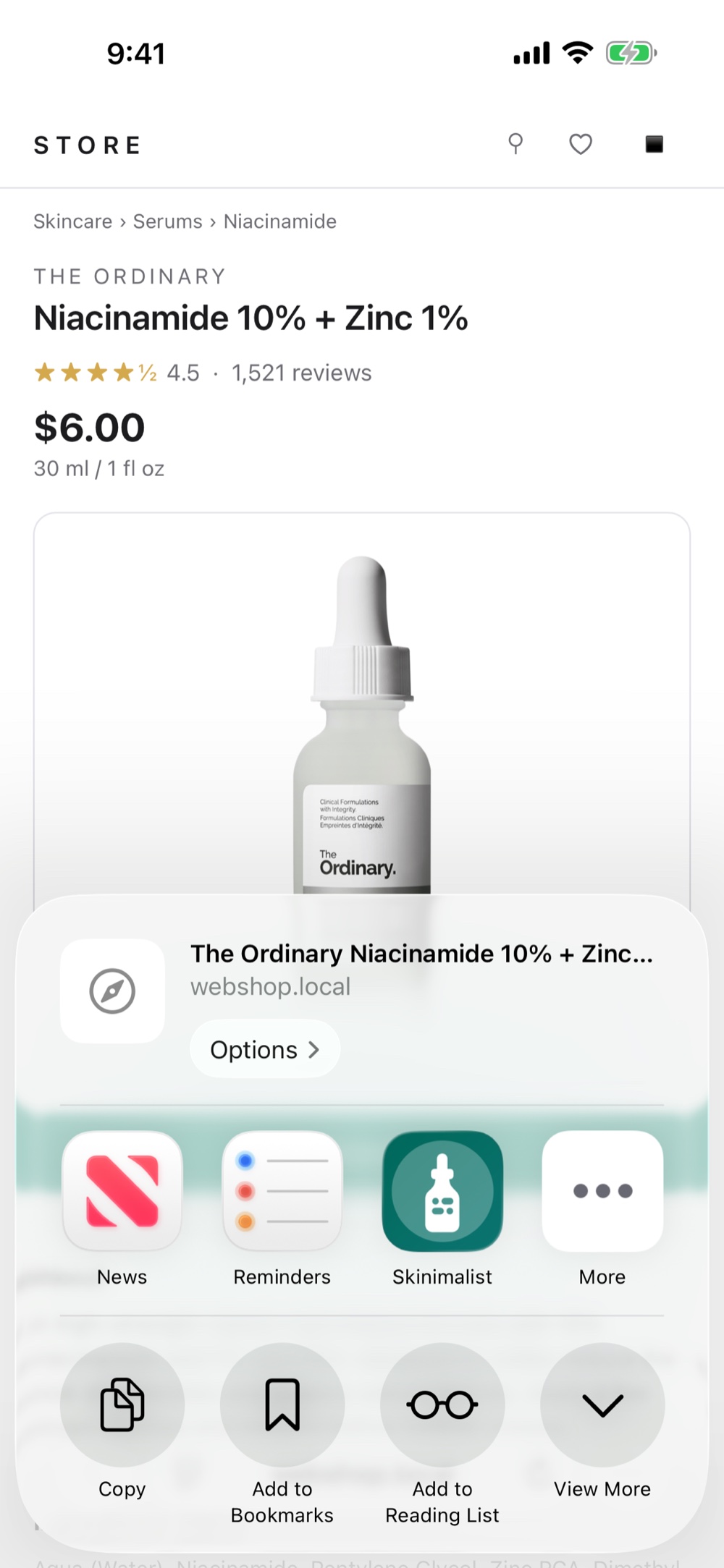 Sharing a product link from Safari to Skinimalist